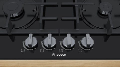 PŁYTA GAZOWA ZABUDOWA BOSCH PNH6B6B90 Zapalarka, Palnik wok, Ruszty żeliwne